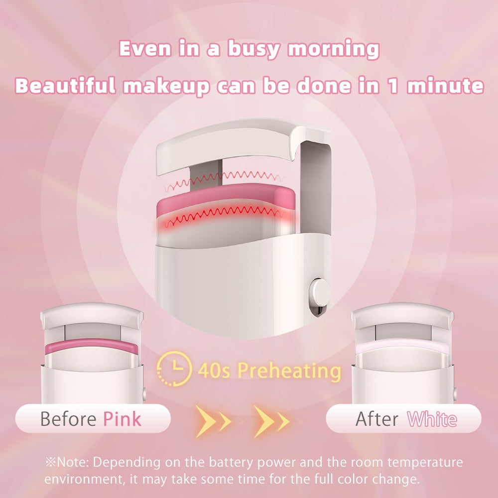 Electric eyelash curler with 40-second preheating for quick lash lift effect.