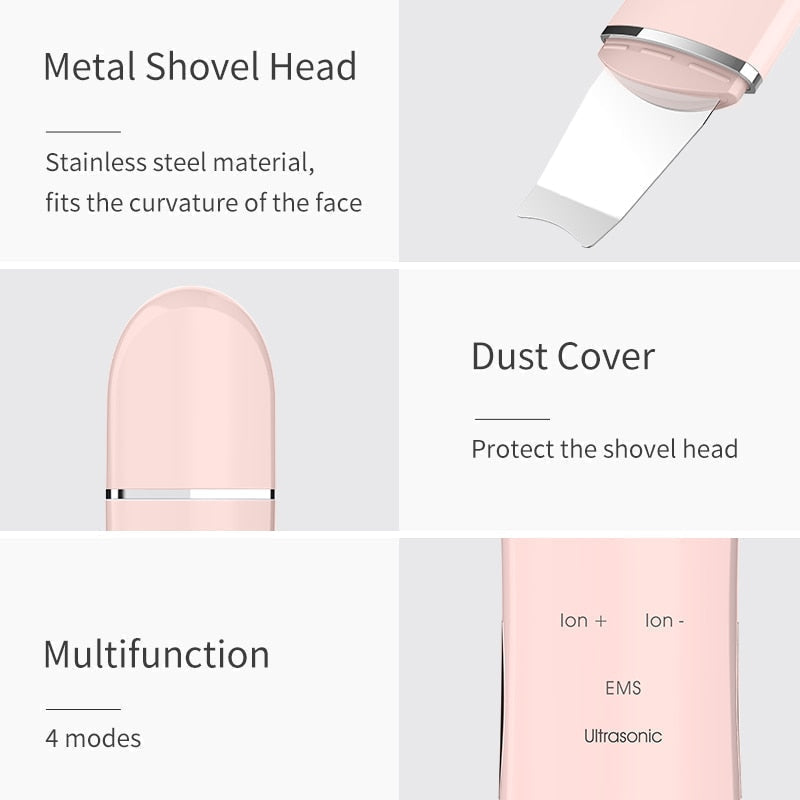 Ultrasonic Skin Scrubber with stainless steel spatula, multifaceted skincare tool for deep cleansing and pore tightening.
