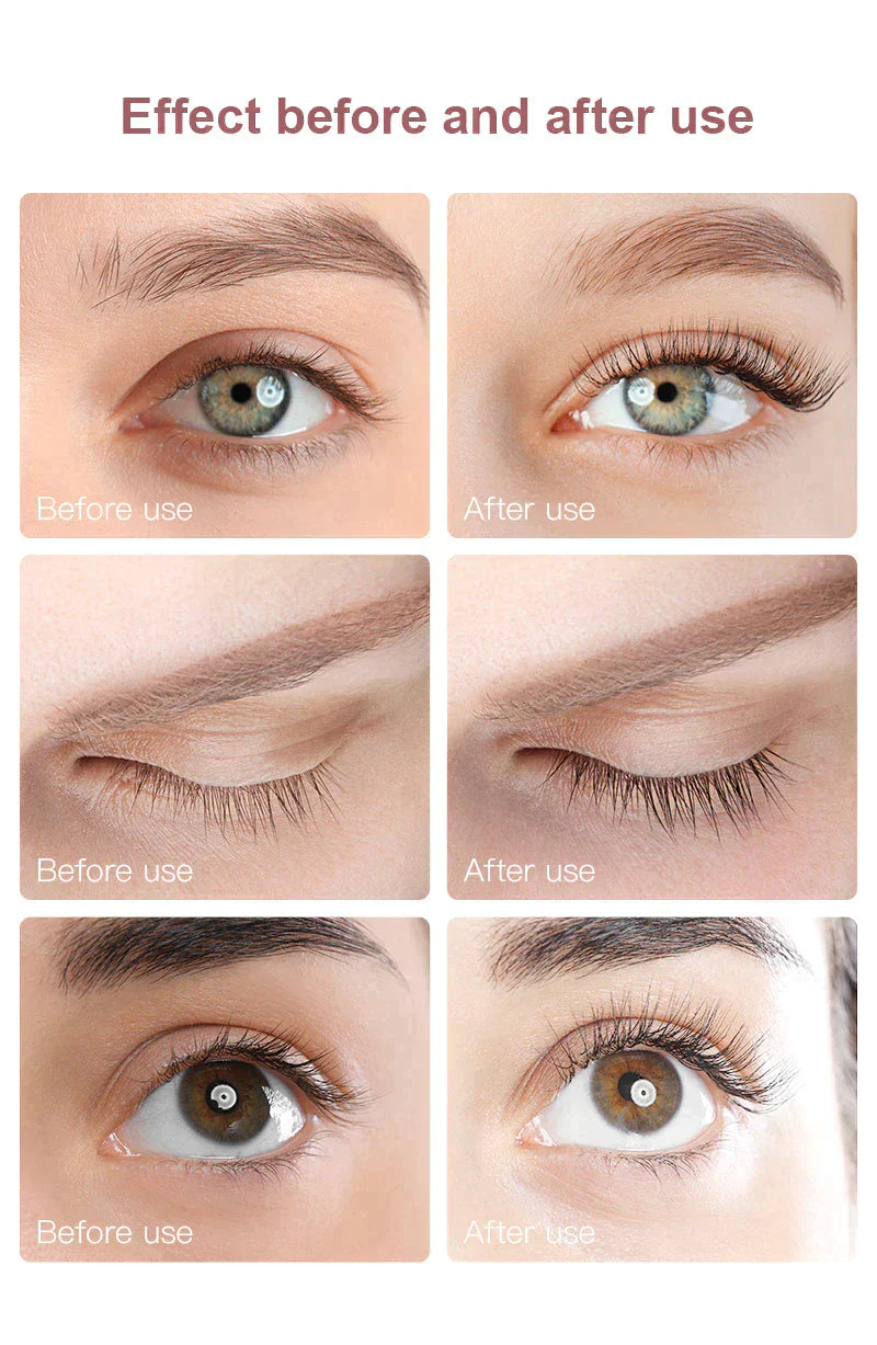 Before and after effects of using an electric eyelash curler showing lifted and curled lashes.