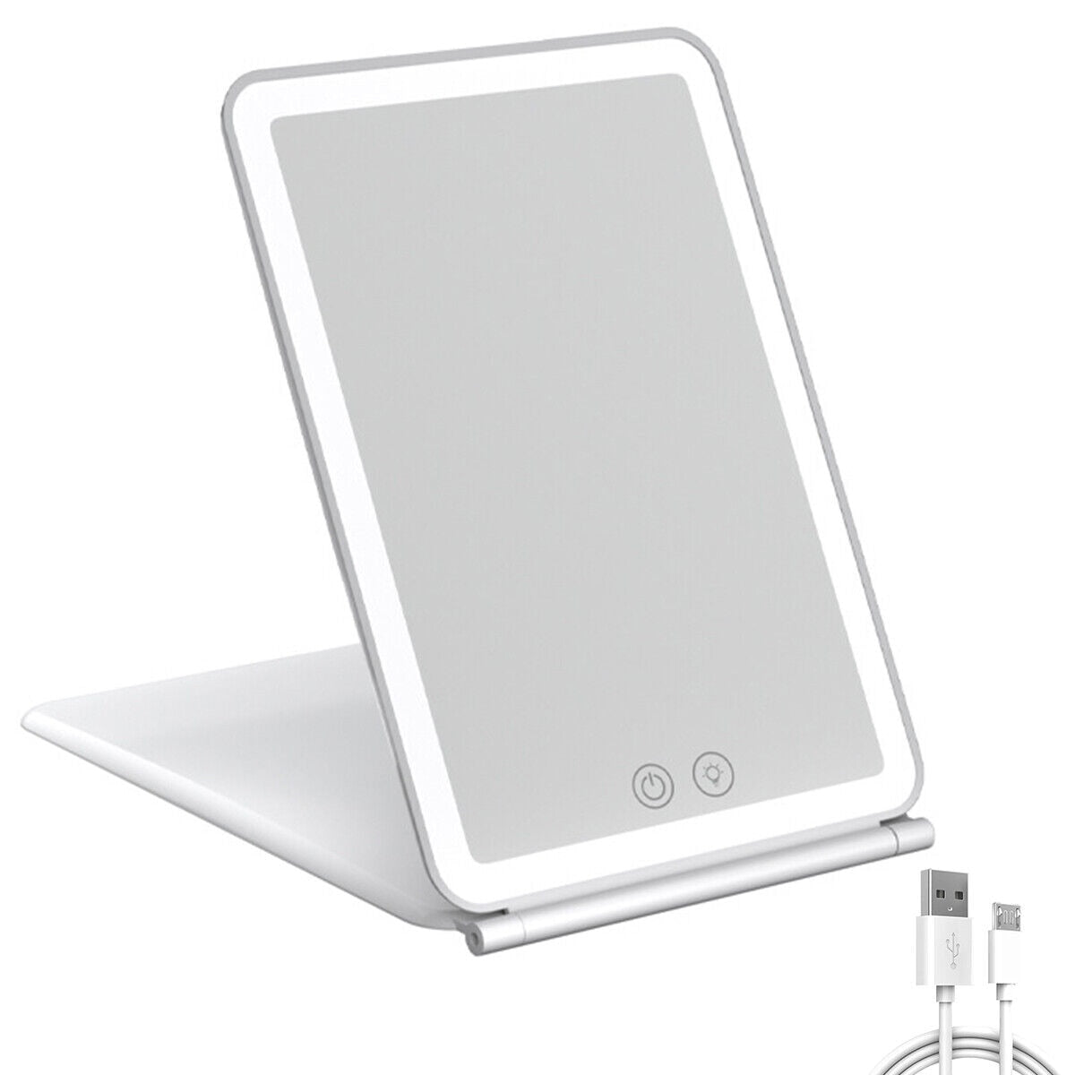 Folding Makeup LED Mirror with USB cable, featuring 80 bright LED lights in three color modes, and a compact, portable design.