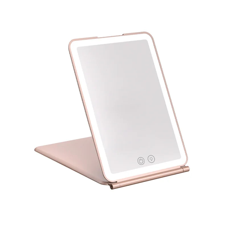 Folding Makeup LED Mirror with 80 LED lights and three color modes for portability and bright reflection.