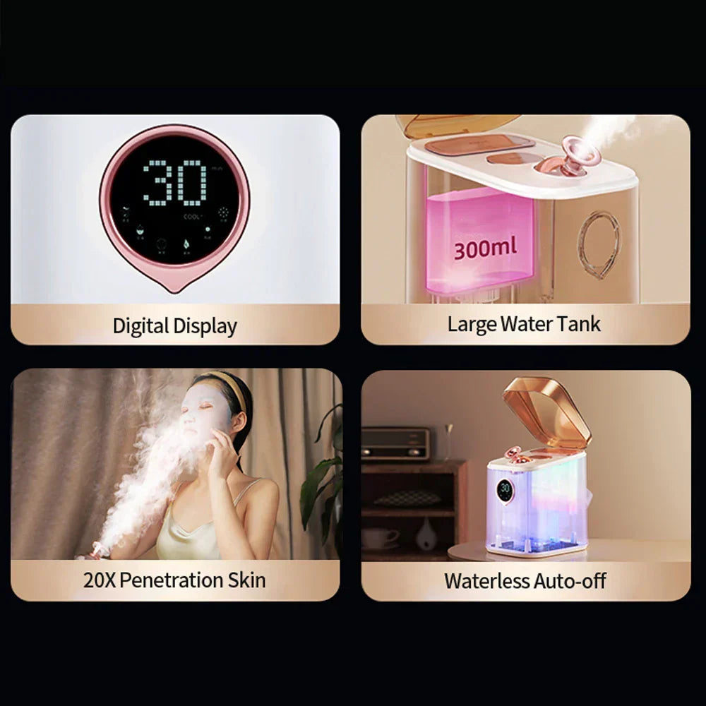 Nano Ionic Face Steamer with digital display, large water tank, 20x penetration, waterless auto-off feature.
