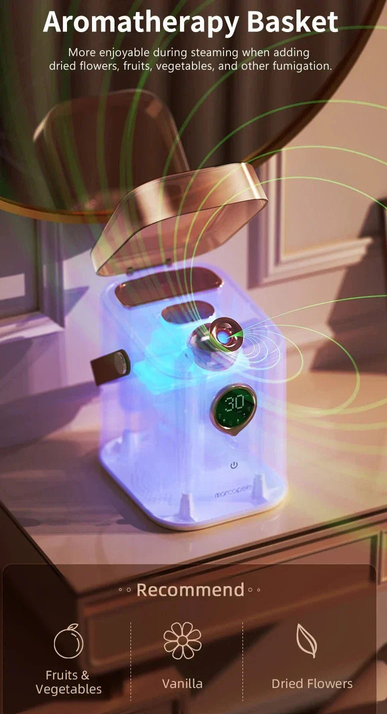 Nano Ionic Face Steamer with Aromatherapy Basket for skincare and relaxation.