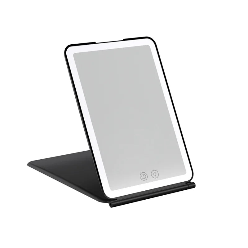 Folding Makeup LED Mirror with adjustable light modes and compact design.