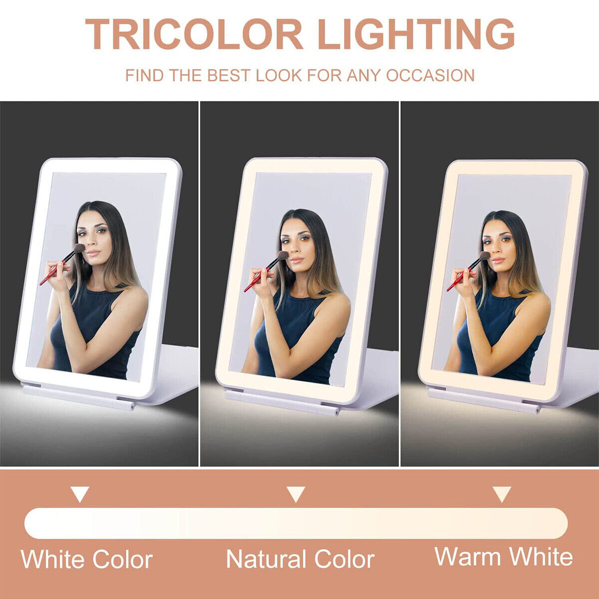 Folding Makeup LED Mirror with Tricolor Lighting Modes: White, Natural, Warm.