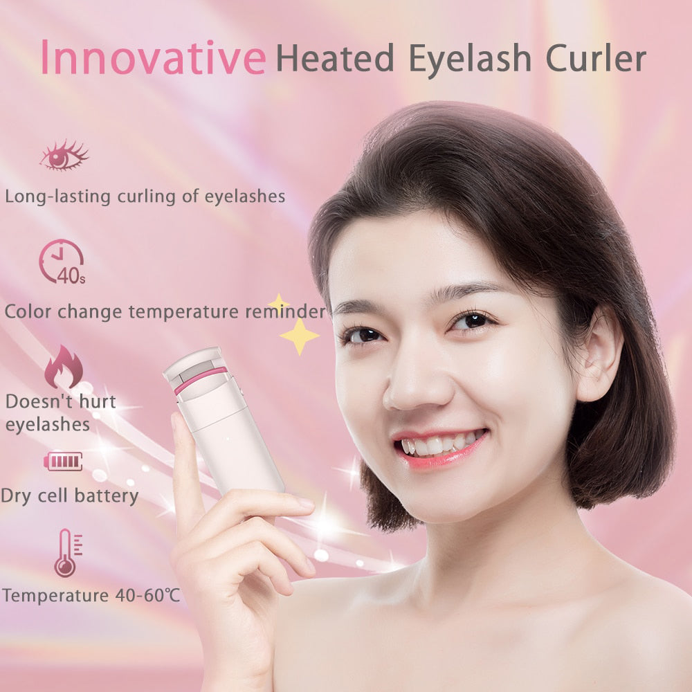 Woman holding innovative heated electric eyelash curler, showcasing features like long-lasting curling and safety for sensitive skin.